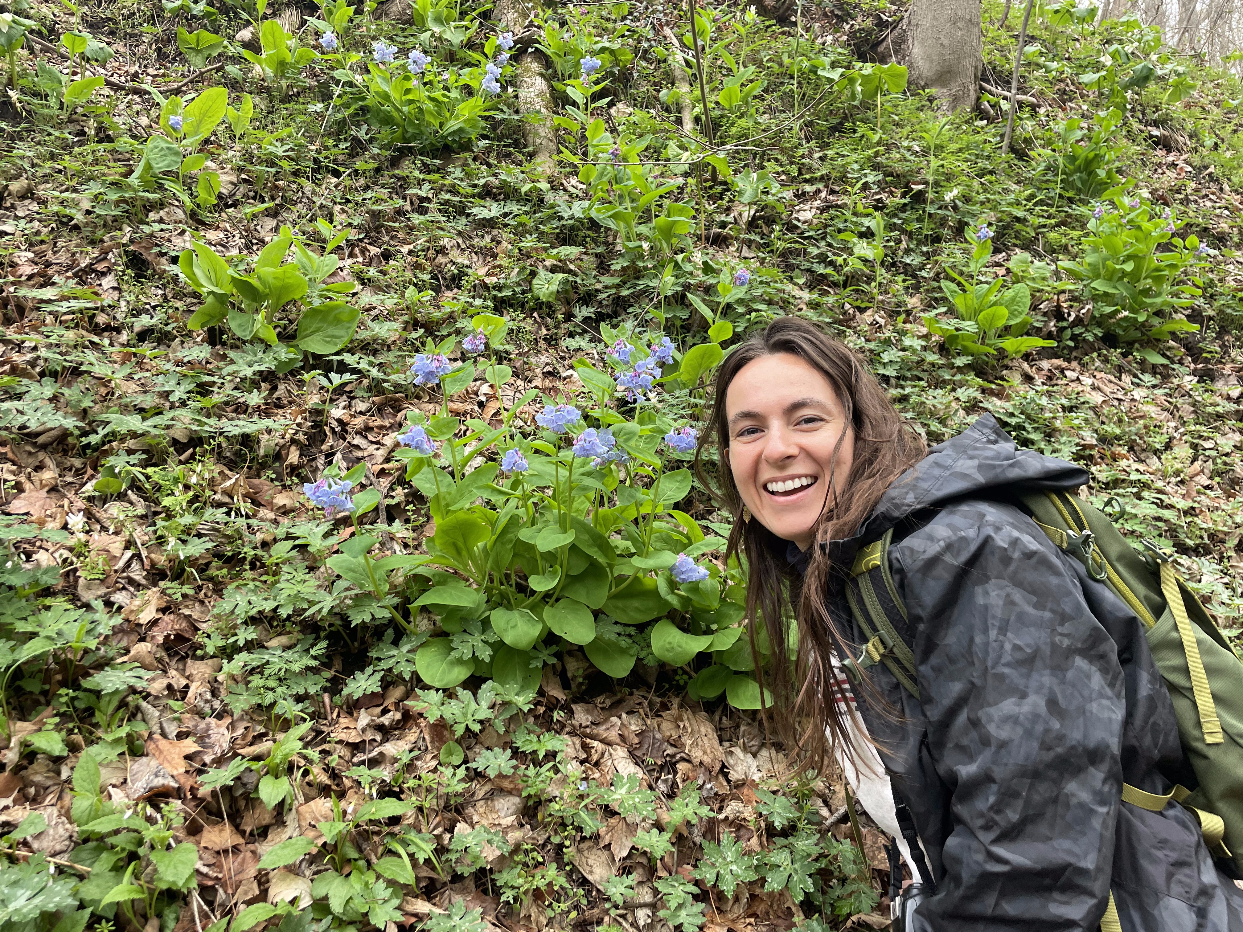 Farren Rossman in front of Virginia Bluebells
